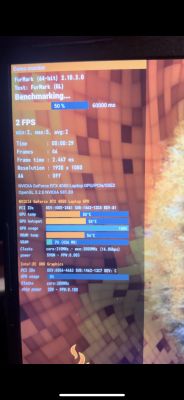Zrzut ekranu z programu FurMark pokazujący test GPU RTX 4050 z niską wydajnością 2 FPS
