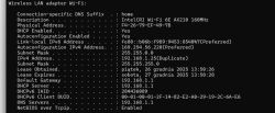Zrzut ekranu z ipconfig pokazujący konflikt adresu IP 192.168.1.25 jako zduplikowany