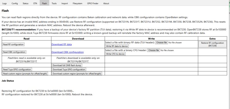 Screenshot of Flash tab in a web app with a “Restore RF configuration (BK7238)” button.