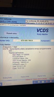 Ekran z oprogramowaniem diagnostycznym VCDS pokazującym kod błędu 03276.