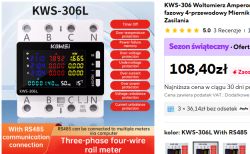 KWS-306L meter screen showing current, voltage, and power with RS485 port