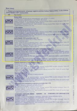 Strona instrukcji „Menu funkcji” z opisem przełączników DIP, z żółtą ramką wokół sekcji.