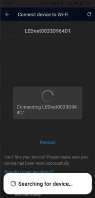 Screen showing connection attempt with device LEDnet0033D964D1 in a Wi-Fi setup app.
