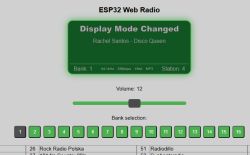 Screenshot of the ESP32 Web Radio interface with a green Display Mode Changed message, volume slider, and station bank selection buttons.