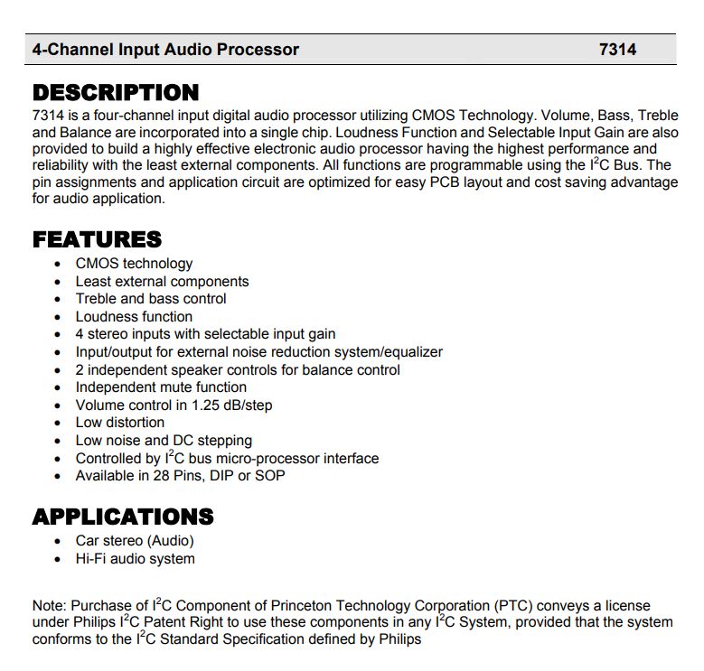 Datasheet of PT7314E audio processor with description and features list.