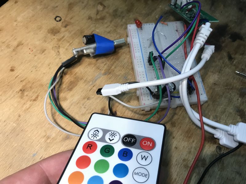 IR remote and OP-WF-A3 LED controller connected to a breadboard with wires