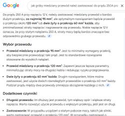 Zrzut ekranu z wynikami wyszukiwania Google dotyczący przewodu miedzianego dla 250A przy 12V
