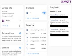 Screenshot of an MQTT interface displaying device info for BK7231N, controls, sensors, and logs.