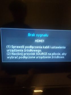Komunikat Brak sygnału na ekranie telewizora z instrukcjami dotyczącymi rozwiązywania problemów.