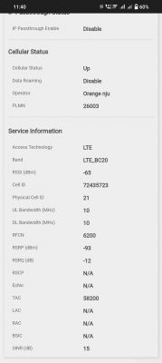 Zrzut ekranu informacji o połączeniu LTE routera Zyxel.