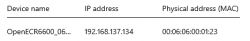 Screenshot showing a list of network devices with device name, IP address, and physical address (MAC).