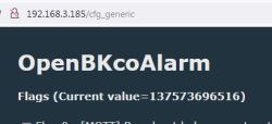 OpenBKcoAlarm web interface with IP address and flag value