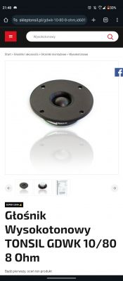 Ekran produktu z głośnikiem wysokotonowym Tonsil GDWK 10/80 8 Ohm.