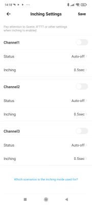 Inching Settings screen in the eWeLink app for three channels, showing Auto-off status and 0.5 second delay options.