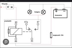 Schemat elektryczny z przełącznikiem, przekaźnikiem, akumulatorem i bezpiecznikiem 15A.