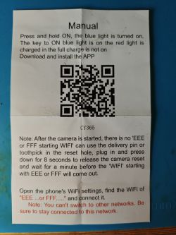 Instruction leaflet for CY365 camera setup with QR code and English text