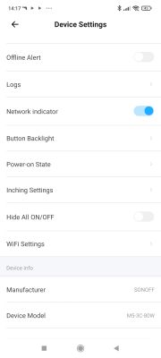 Screenshot of SONOFF M5-3C-80W device settings in a mobile app showing configuration options like network indicator and button backlight.