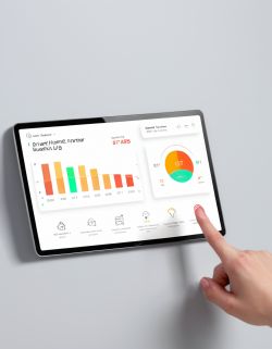 Smart Home Interface on Tablet Person using a smart home interface on a tablet with charts and icons.