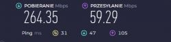 Wynik testu szybkości internetu pokazujący pobieranie 264,35 Mbps i przesyłanie 59,29 Mbps.