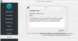 Komunikat błędu instalacji Debiana z informacją o błędzie bootloadera