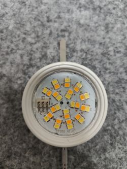 Interior of Energy+ Home Connect GU10 LED Bulb Close-up of the interior of an LED bulb showing LED arrays and electronic components.