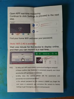 Instruction leaflet for IP camera setup using a mobile app and WiFi connection