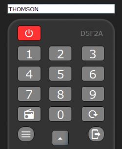 Wirtualny pilot z czerwonym przyciskiem zasilania i klawiaturą numeryczną dla TV THOMSON.