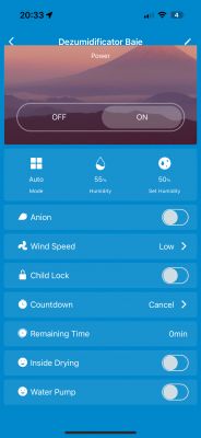 Mobile app screen for controlling a dehumidifier