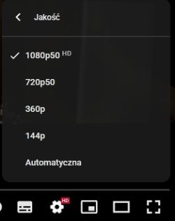 Menu jakości wideo YouTube z zaznaczoną opcją 1080p50 HD