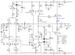 Schemat układu elektronicznego z różnymi elementami, takimi jak rezystory, kondensatory i tranzystory.