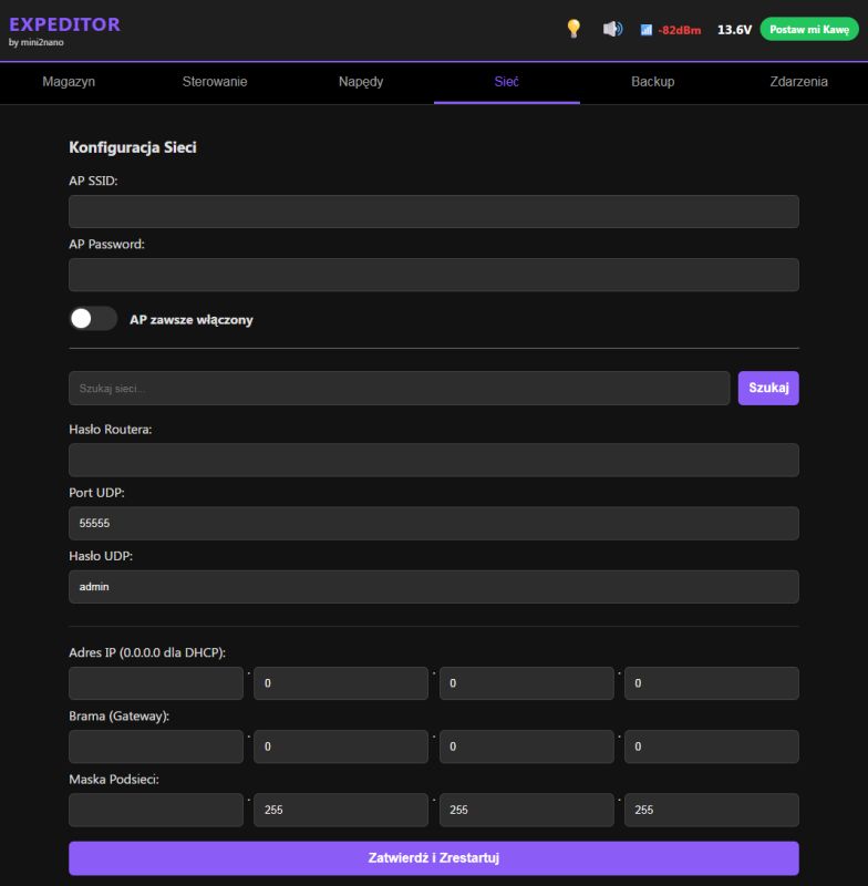 Network configuration interface in EXPEDITOR app with input fields and UDP settings
