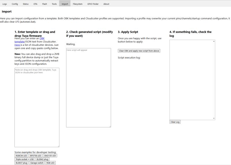 OpenBeken import interface for templates or Tuya firmware