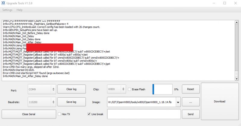 Upgrade Tools V1.5.9 Interface Screenshot of the Upgrade Tools V1.5.9 interface showing a firmware flashing log.