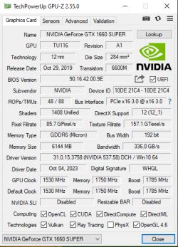 Okno programu GPU-Z pokazujące szczegóły karty graficznej NVIDIA GeForce GTX 1660 SUPER.