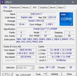 Zrzut ekranu aplikacji CPU-Z pokazujący informacje o procesorze Intel Core i7-14700KF.