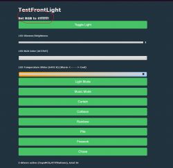 Screenshot of the TestFrontLight app with various LED light settings options.