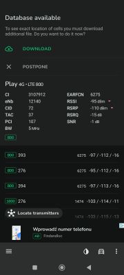 Zrzut ekranu z aplikacji NetMonster pokazujący dane sieci komórkowej Play 4G LTE 800.