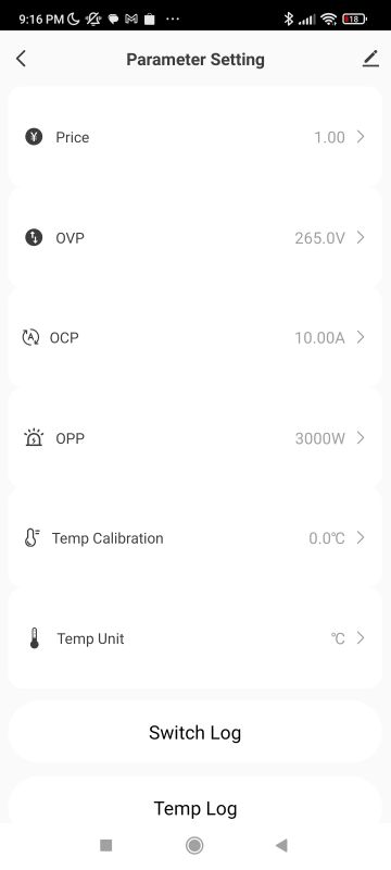 Parameter Settings in the S1TW-FR Plug App Screenshot of parameter settings in the app for managing a smart plug.