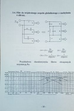 Schemat filtrów trójdrożnego zespołu głośnikowego i wykres charakterystyki częstotliwościowej.