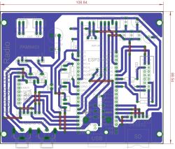 ESP32 PCB layout with traces and headers for audio, OLED, USB, SD and encoder; dimensions 108.84×88.54