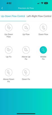 App screen for controlling air conditioner airflow direction with various directional settings.
