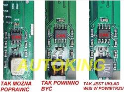 Trzy zbliżenia na układ CAN na płytce PCB z opisami poprawności montażu, podpisane przez AUTOKING.