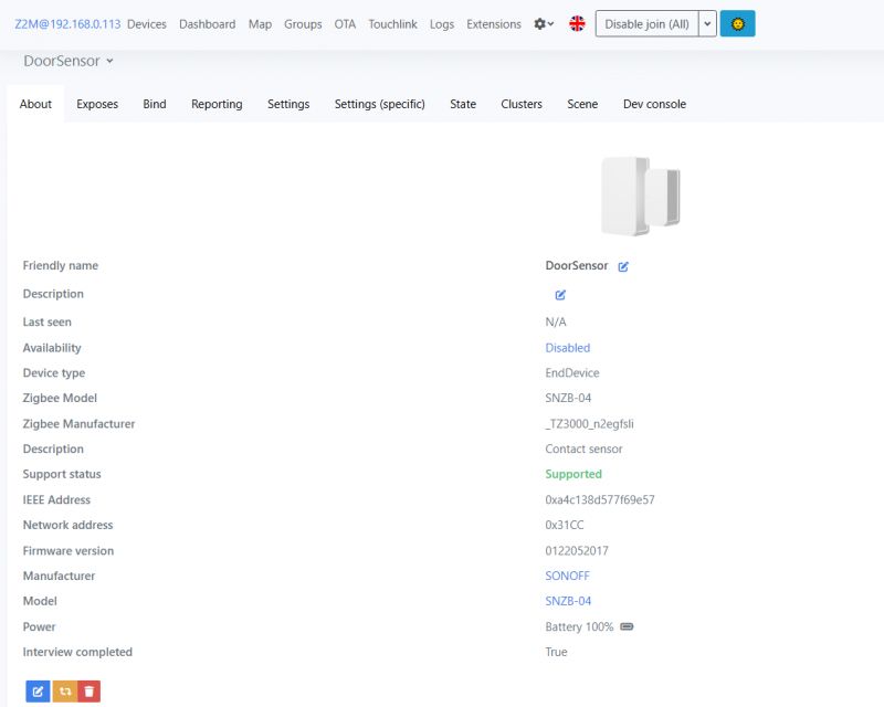Door Sensor Configuration in Home Assistant Door sensor configuration page in Home Assistant.