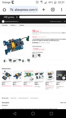 Screenshot of an AliExpress listing for a 18V battery PCB for Makita charging.