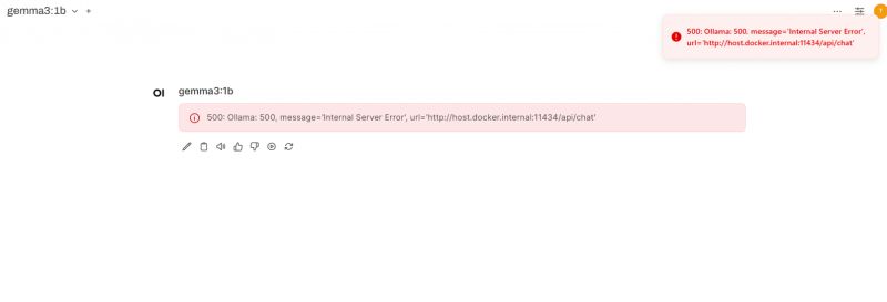 Error 500: Internal Server Error Screenshot showing an internal server error with the message 500: Ollama: 500, message'Internal Server Error'.