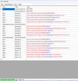 Screenshot of the Sniff UART program showing serial communication analysis with multiple decoding errors for TuyaMCU frames.