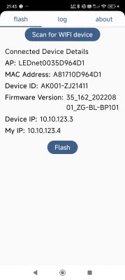 App user interface displaying details of a connected WiFi device.