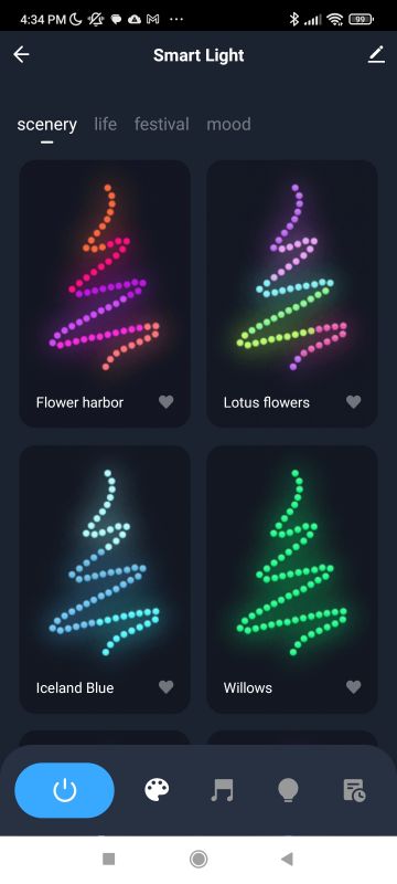 Smart Light App Menu with LED Tree Patterns Smart Light app menu displaying LED tree-shaped light patterns.