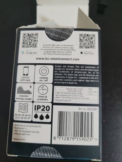 Back of the LSC Smart Connect smart plug packaging.