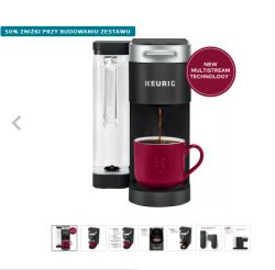 Ekspres Keurig z kubkiem napełnianym kawą i napisem New Multistream Technology